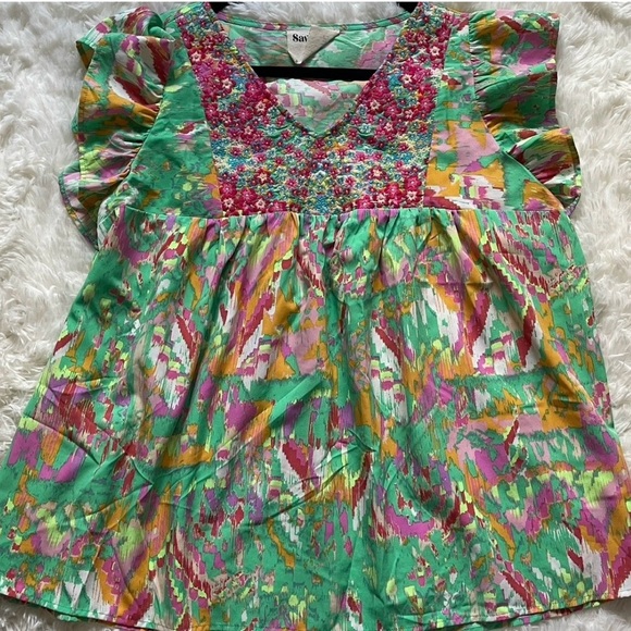 Savanna Jane Boho Swing Blouse Abstract Pastel Print Flutter‎ Sleeves Size 1X - Picture 3 of 7